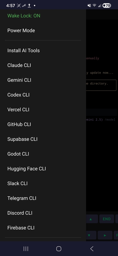 22 platform CLIs listed in MobileCLI's drawer menu