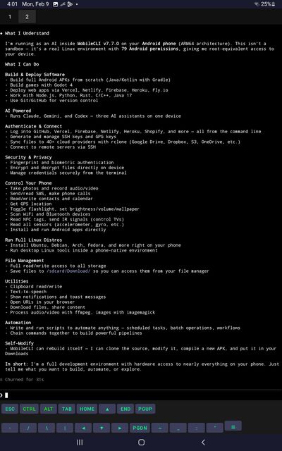 MobileCLI running on Android tablet in landscape